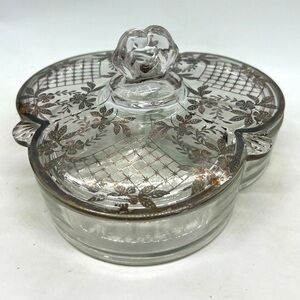 Depression Glass Divided Dish with Silver Overlay Lid
